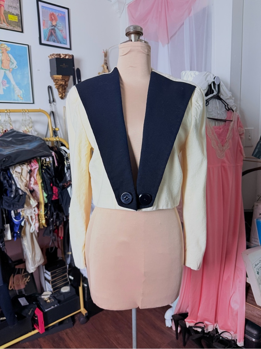 Vintage 1980’s Wool Union Made Cropped Cream Jacket with Black Collar Tuxedo